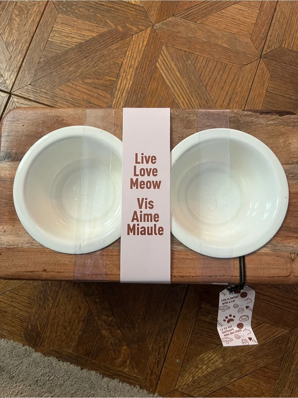 Live Love Meow Double Cat Bowl Set - White metal bowls with ceramic like coat.
